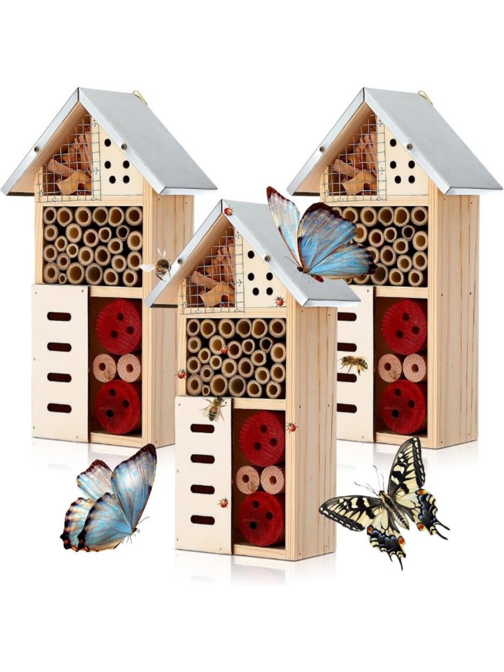3 Pcs Wooden Insect Hotel Set - Bee, Butterfly & Ladybug House for Garden
